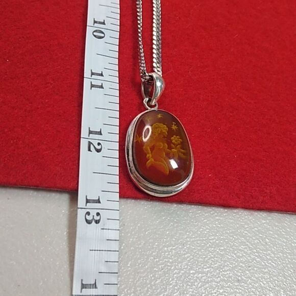 Vintage Carved Amber Sterling Silver Pendant and Chain Cottagecore - Picture 7 of 12